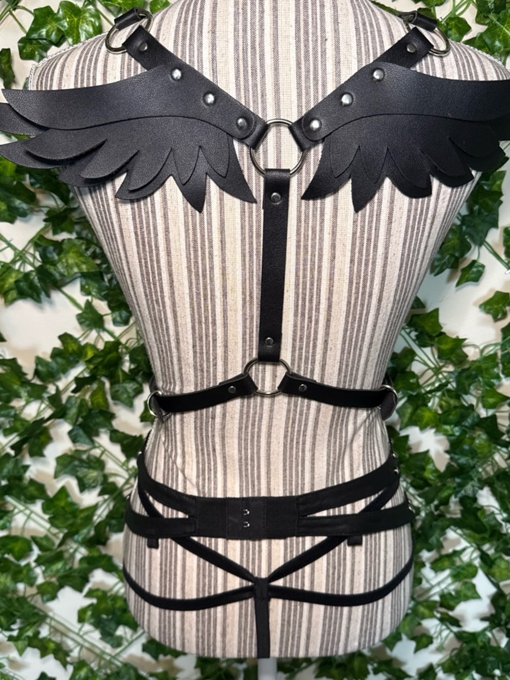 Black Winged Faux Leather Body Harness with Studded Thong and Garter